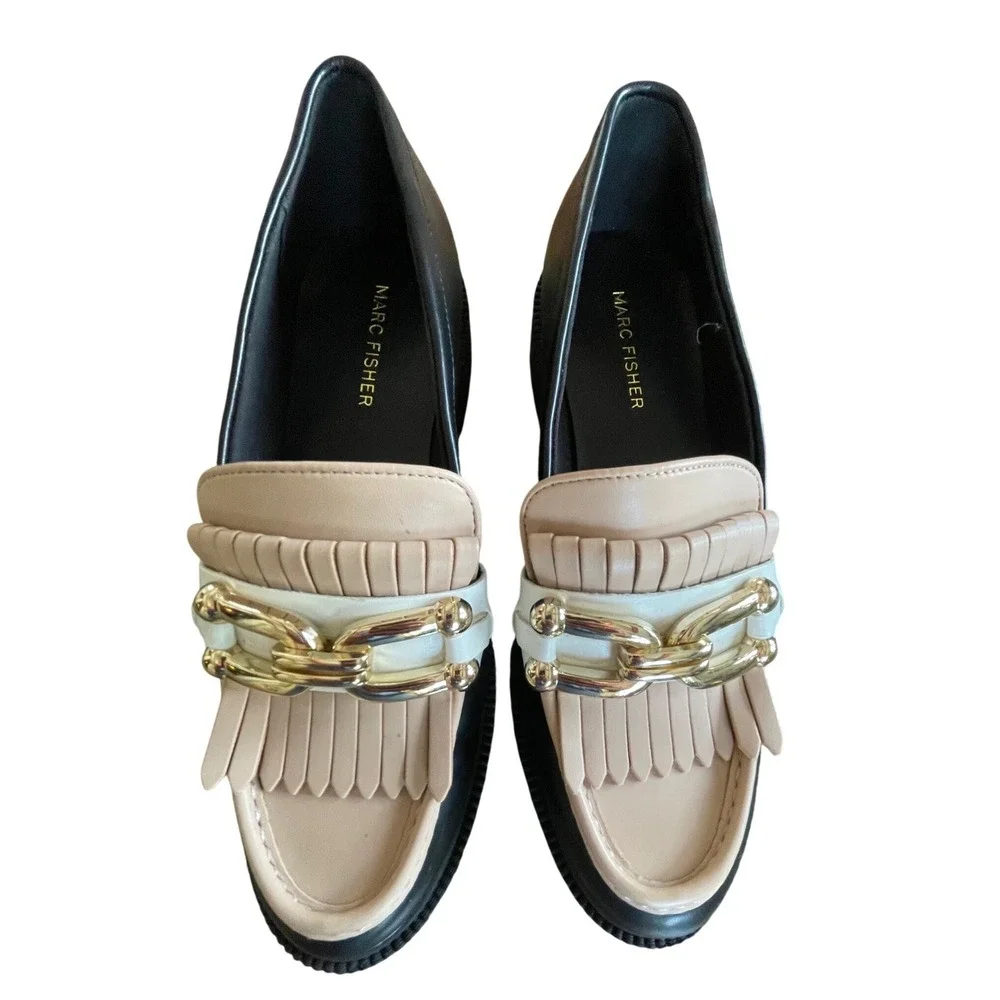 Marc Fisher Calisto Tri-Tone Kiltie Chain Loafers Black Beige White 7.5M